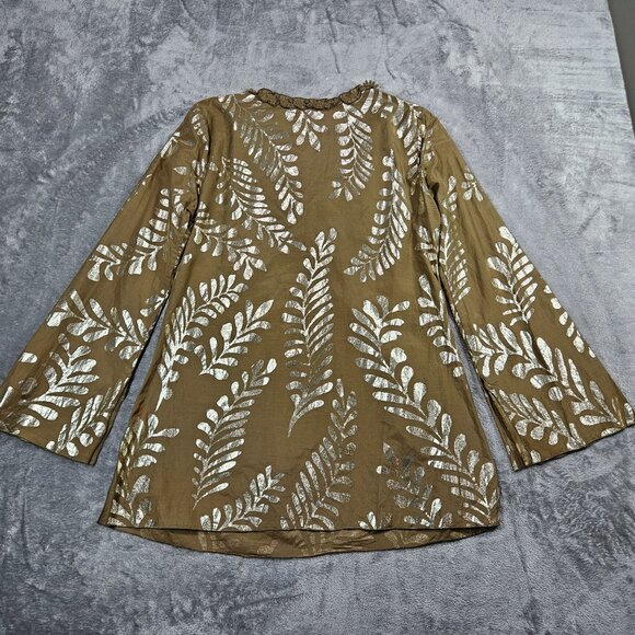 Hale Bob Cabana Top Medium Tan Silk Blend Metallic Silver Palm Leaf Beach Tunic - Picture 5 of 9